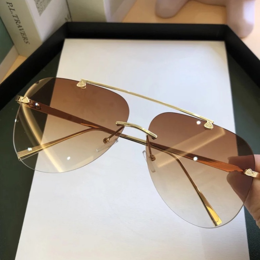 Rimless Unisex Brown & Gold Sunglasses Unisex